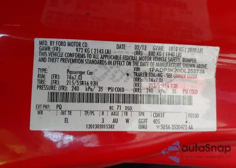 2013 Ford Focus Se z USA, uszkodzony, nr VIN 1FADP3K20DL255738